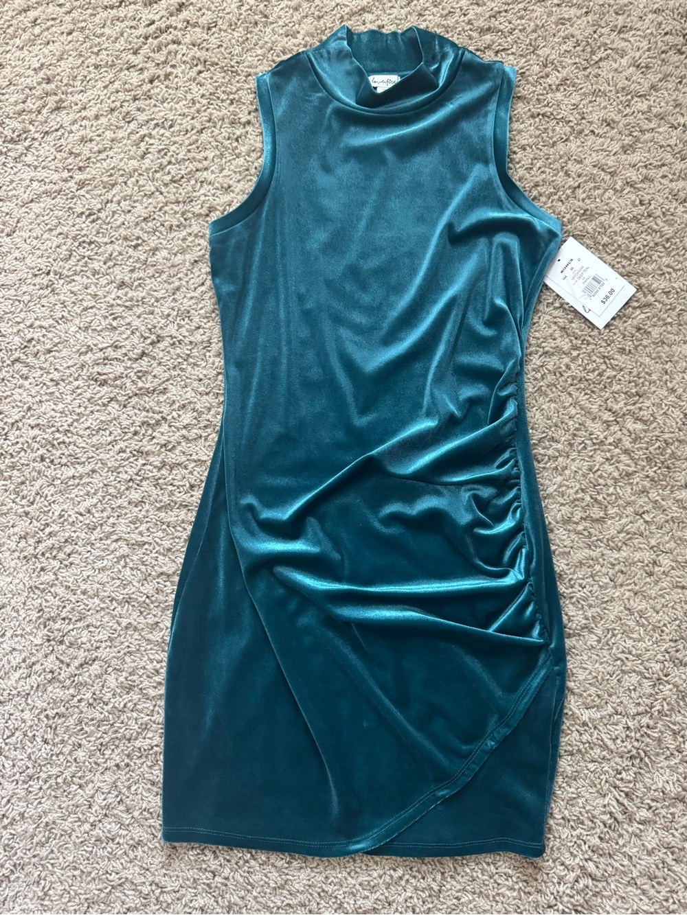 love, Fire Teal Velvet Sleeveless Ruched Mini Dress
